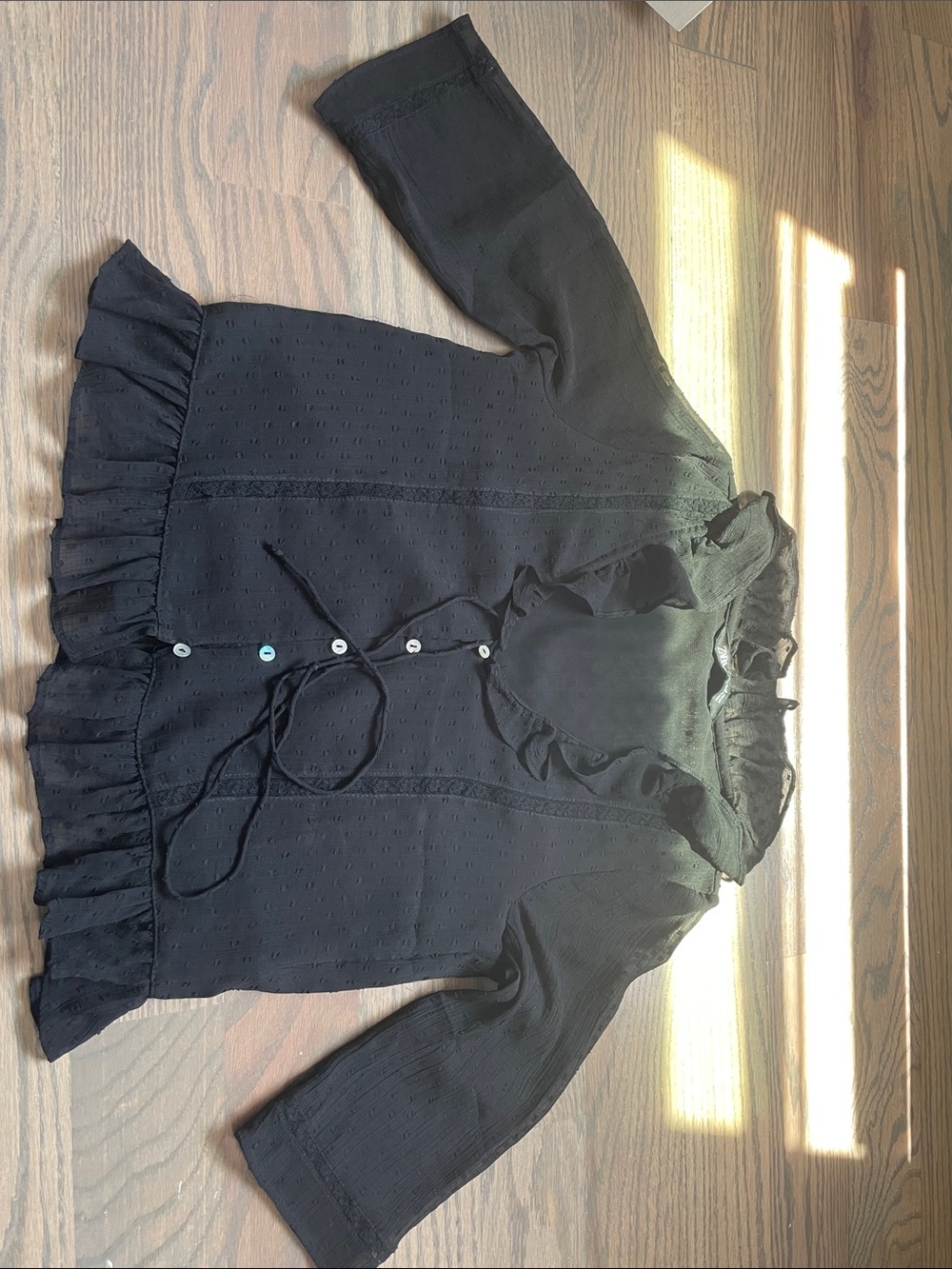 Zara Black Ruffle-Trim Swiss Dot Blouse